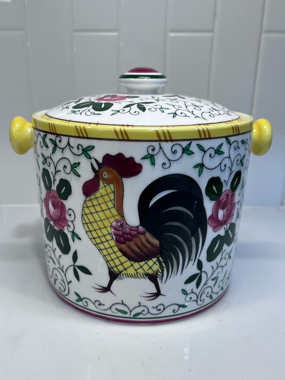 Vintage Ucago Early Provincial Roses & Roosters Cookie Jar